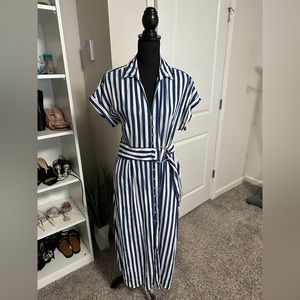 ZARA BELTED LIENEN BLEND STRIPED MIDI DRESS BLUE/WHITE